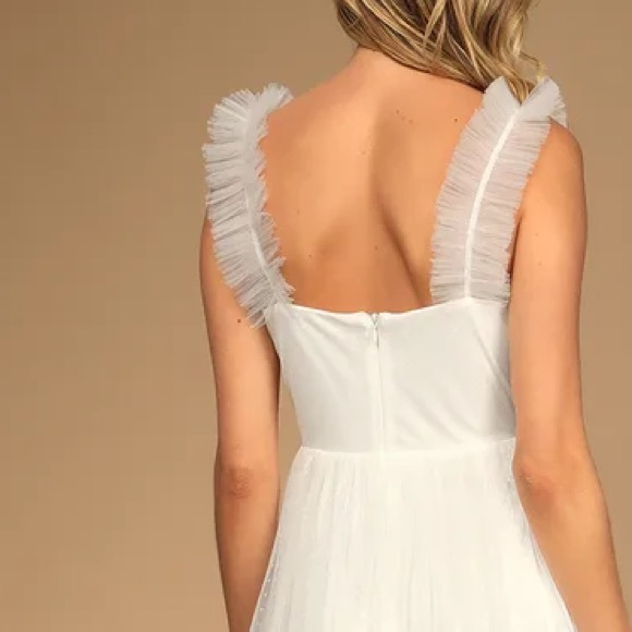 Lulu’s Divine Invitation White Cream Dot Tulle Ruffle Fun Midi Bridal Dress - Picture 6 of 10